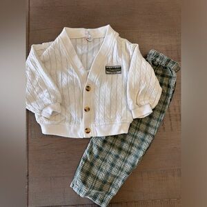 Stylish White Cardigan and Plaid Pants Set